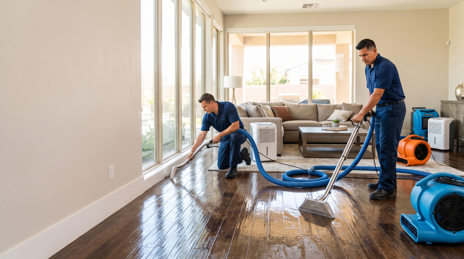 Professional water damage restoration technicians extracting water from hardwood floors in a bright modern Mesa home with drying equipment